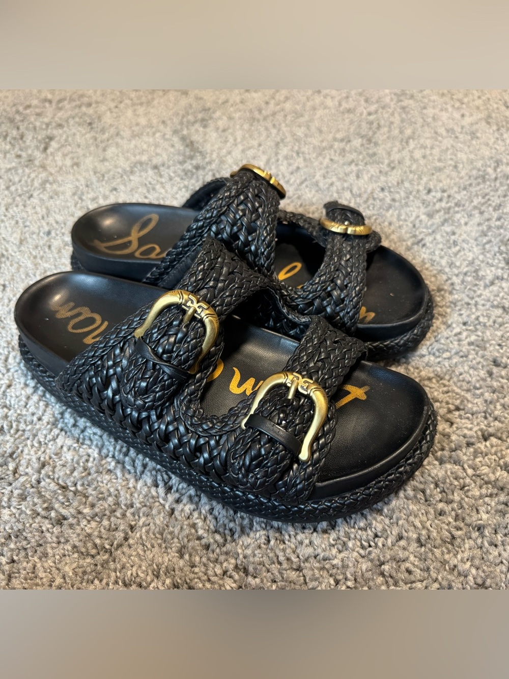 Sam Edelman Black Woven Slide Sandals with Gold Buckles - Picture 2 of 6